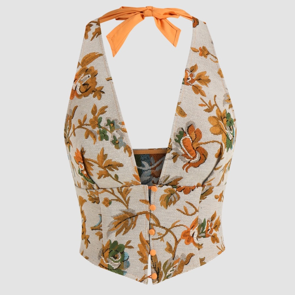 Cider Floral Jacquard Halter Tank Top | S